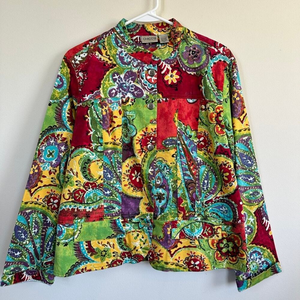 Chico's Button Front Shirt w/ Mandarin Collar Long Sleeve Shacket Size SMALL